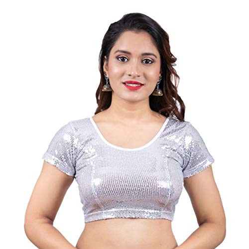 Gada Sisters Damen Designer Saree Bluse Readymade - Stretchable Pailletten Top Bluse für Saree Indian, silber, XX-Large von Gada Sisters