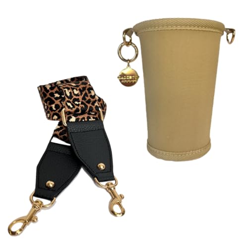 Gadgetto Umhängetasche für Becher und Flaschen – Neopren-Hülle in Beige mit verstellbarem Tragegurt in Leo-Optik von Gadgetto