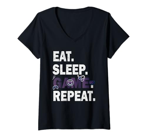 Damen Eat Sleep Game Repeat Videospiele Hobby Lustig Männer Frauen T-Shirt mit V-Ausschnitt von Gadi