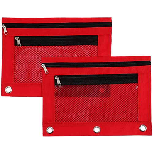 Gadpiparty 2 Stück Dreifach Loch Reißverschluss Federmäppchen Tragbare Schreibwaren Tasche mit Netzdesign für Stifte und Kosmetik Rote Bürobedarfstasche von Gadpiparty