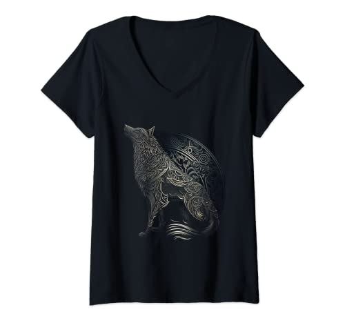 Damen Wolf-Silhouette, gälischer keltischer Stil, Ornamente Tiernorse T-Shirt mit V-Ausschnitt Damen Wolf-Silhouette, gälischer keltischer Stil, Ornamente Tiernorse T-Shirt mit V-Ausschnitt von Gaelic Celtic Irish I Trend & Gifts I Born for Art