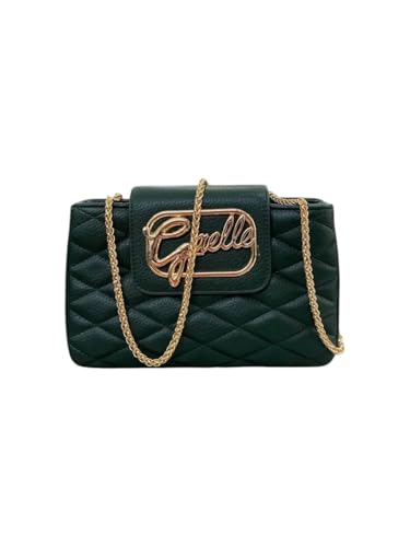 Gaëlle Umhängetasche aus gestepptem Leder in Schwarz mit goldenem Logo, goldfarbene geflochtene Kette, elegantes Design von Gaëlle