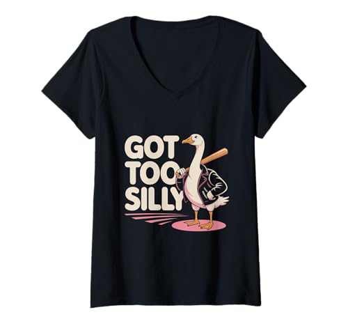 Damen Zu albern Cool Gans mit Fledermaus Gänse-Liebe T-Shirt mit V-Ausschnitt von Gänse-Humor Streetstyle Tierliebhaber Grafik