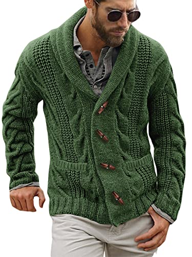 Gafeng Herren Schalkragen Zopfmuster Rippstrick Knopfverschluss Casual Winter Grob Thermo Langarm Solide Cardigan Pullover, Taschen: Armeegrün, XX-Large von Gafeng