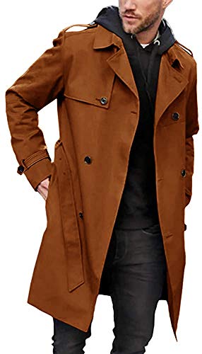 Gafeng Herren Trenchcoat Slim Fit Zweireiher Gürtel Windbreaker Revers Lange Jacke Lässig Winddicht Mantel, Braun, L von Gafeng