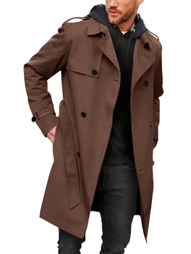 Gafeng Herren Trenchcoat Slim Fit Zweireiher Gürtel Windbreaker Revers Lange Jacke Lässig Winddicht Mantel, Braun, XL von Gafeng