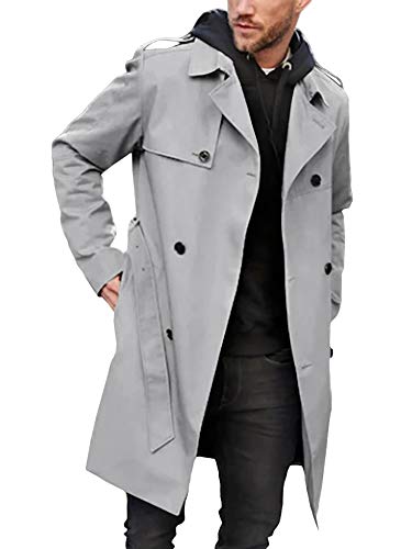 Gafeng Herren Trenchcoat Slim Fit Zweireiher Gürtel Windbreaker Revers Lange Jacke Lässig Winddicht Mantel, Grau, M von Gafeng