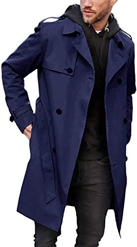 Gafeng Herren Trenchcoat Slim Fit Zweireiher Gürtel Windbreaker Revers Lange Jacke Lässig Winddicht Mantel, Marineblau, L von Gafeng