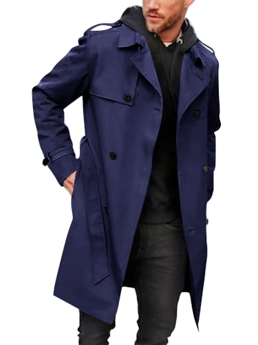 Gafeng Herren Trenchcoat Slim Fit Zweireiher Gürtel Windbreaker Revers Lange Jacke Lässig Winddicht Mantel, Marineblau, L von Gafeng