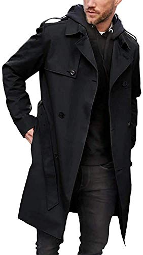 Gafeng Herren-Trenchcoat, schmale Passform, zweireihig, Gürtel, Windbreaker, Revers, lange Jacke, lässig, winddicht, Schwarz, XL von Gafeng