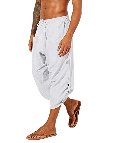 Gafeng Herren-Yoga-Caprihose, lässig, elastischer Bund, Kordelzug, Sport, Baumwolle, Leinen, Boho-Harem, 3/4-Hose mit Taschen, L - Weiß., 3XL von Gafeng