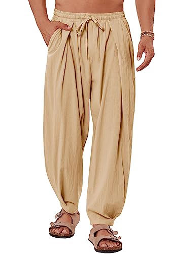 Gafeng Herren-Yogahose aus Leinen, für den Sommer, Strand, lockere Passform, lässige Sommer, elastische Taille, Kordelzug, konische Hose, beige, Mittel von Gafeng