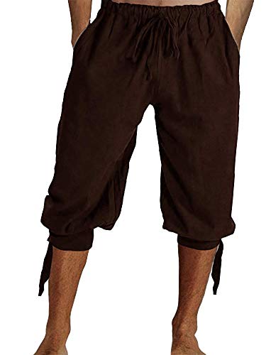 Herren Piratenshorts Halloween Mittelalter Renaissance Gebänderte Hosen Wikinger Knicker Kolonial Leinen Kostüm, Braun, X-Large von Gafeng