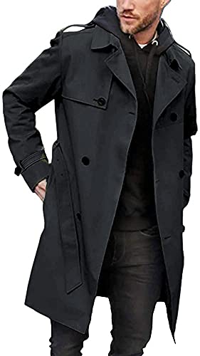 Herren Trenchcoat Slim Fit Zweireihig Gürtel Windbreaker Revers Lange Jacke Casual Winddicht Mantel, dunkelgrau, X-Large von Gafeng