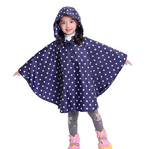 Gaga city Kinder Regenponcho Jungen Mädchen mit Kapuze, Wiederverwendbarer wasserdichter Regenponcho, Leichtes Polyester Blauer und weißer Punkt/L von Gaga city