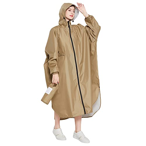 Gaga city Regenmantel Damen Wasserdicht Wasserdichter Fahrradponcho Lang mit Ärmeln, mit Tasche vorne, mit wasserdichtem Reißverschluss Khaki von Gaga city