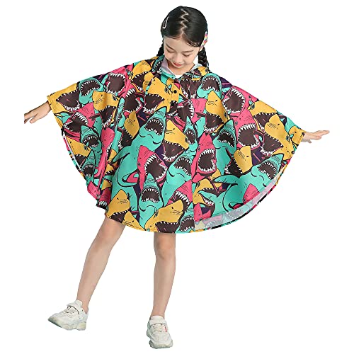 Gaga city Regenmantel Kinder Mädchen Junge Poncho Wiederverwendbar Regenponcho Leichte Wasserdicht Regencape Hai Gedruckt L/5-8 Jahre von Gaga city