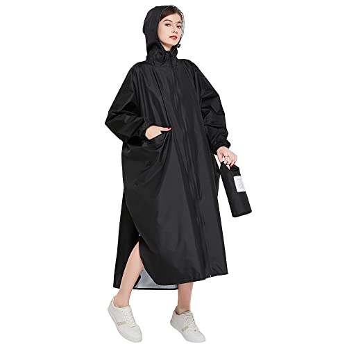 Gaga city Regenponcho Unisex Wasserdicht Fahrrad mit Tasche Vorne Wasserdichter Poncho mit Kapuze mit Durchgehender Reißver Schließung im Freien Schwarz von Gaga city