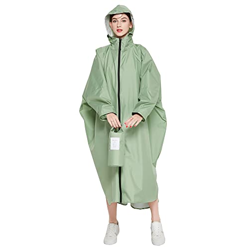 Gaga city Wasserdichter Poncho Regenmäntel für Damen Unisex mit Tasche vorne Lange Ärmel mit elastischen Bündchen, Druckknopf am Saum zum Grün von Gaga city