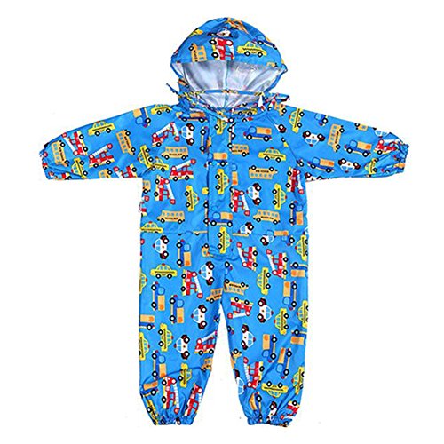 Gagacity Kinder Regenmantel Ungefüttert mit Kapuze Reflektor Leicht Overall für Mädchen Jungen Wasserdicht Regenanzug blaues Auto/S/75-90cm von Gagacity