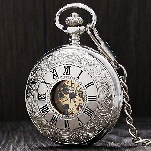 GagalU Taschenuhr Vintage Silber römische Zahl mechanische Taschenuhr Double Open Hunter Gehäuse Taschenuhr von GagalU