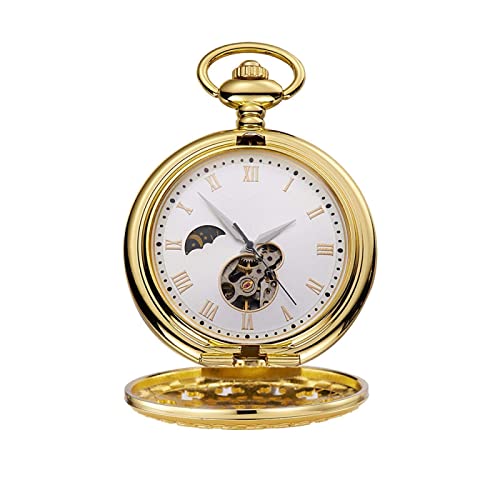 Taschenuhr, Taschenuhr mit Kette, luxuriöse mechanische Taschenuhr für Herren, Vollstahlgehäuse, Taschenuhr, analog, silberfarbenes weißes Zifferblatt, Vintage-Uhr von GagalU