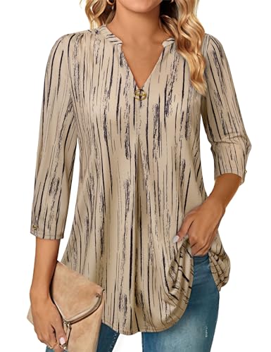Blusenshirt Damen 3/4 Arm Bluse für Damen Elegante Kleidung für Frauen Arbeit Große Größen Festlich Mode Frühling Bluse A-Linie Damen Curvy Bluse Dreiviertelarm Damen Freizeitbluse Beige XXXL von Gaharu