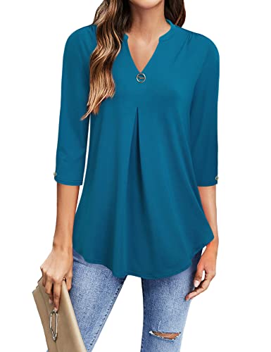 Gaharu 3/4 Ärmel Lange V-Neck Einfarbig Schickes Longbluse Shirt Damen Tunika Top Chiffonblusen Frauen Sommer Leicht Freizeit Loose Fit Arbeitsbluse Plissee Hochzeit Women Dunkler Cyan, XXL von Gaharu