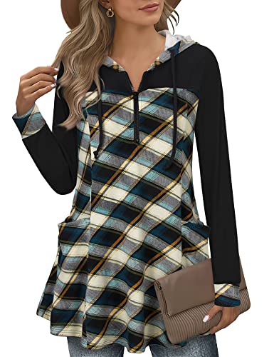 Gaharu Arbeit Lang ärmel Damen Shirt Casual Longpullover Kapuze Patchwork Frauen Sweatshirtkleid Lang Frühling Ausgefallene Zip Damentunika Slim Kapuzenjacke Leicht Für Leggings Türkis Kariert, XXL von Gaharu