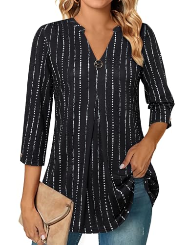 Gaharu Bluse Damen Leichte Longtunika Damen Lässig für Leggings, Hübsche Damen Bluse Feierliche Kleidung Damen Festlich Blusen & Tuniken für Damen 3/4 Arm Elegant Gestreift Schwarz XXXL von Gaharu