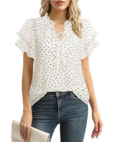 Gaharu Bluse Damen Sommer Elegant:Chiffon Tunika Kurzarm Lässig Longbluse - Leicht V-Ausschnitt Doppellagige Rüschenärmel Boho Shirt Classy Oberteile für Strand Urlaub Verabredung Polka Dots Weiß M Gaharu Bluse Damen Sommer Elegant:Chiffon Tunika Kurzarm Lässig Longbluse - Leicht V-Ausschnitt Doppellagige Rüschenärmel Boho Shirt Classy Oberteile für Strand Urlaub Verabredung Polka Dots Weiß M von Gaharu