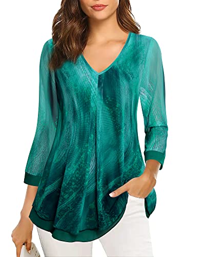 Gaharu Blusen Abend Festlich Tunika Oversize Damen Weit Lässig Damenblusen 3/4 Arm Elegant Abendbluse für Damen Shirt in A-Linien Form Damentunikas 3/4ärmel Bluse mit Farbverlauf von Gaharu