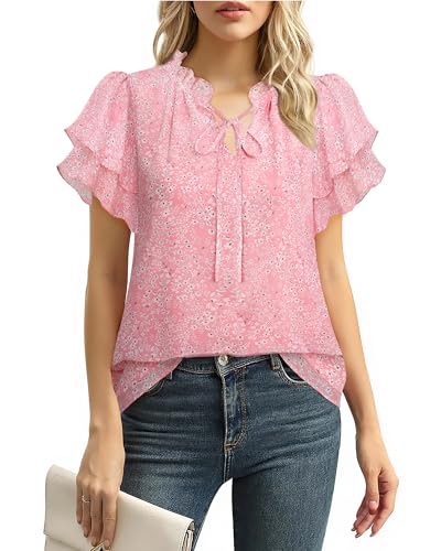 Gaharu Blusen fur Damen Elegant:Chiffon Bluse Kurzarm Sommer Tunika Arbeit Shirt Frauen - V-Ausschnitt Business Casual Oberteil - Rüschenärmel Top für Urlaub,Ausgehen,Verabredungen Blumen Rosa L Gaharu Blusen fur Damen Elegant:Chiffon Bluse Kurzarm Sommer Tunika Arbeit Shirt Frauen - V-Ausschnitt Business Casual Oberteil - Rüschenärmel Top für Urlaub,Ausgehen,Verabredungen Blumen Rosa L von Gaharu