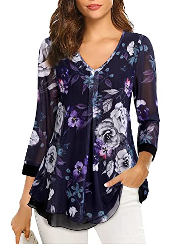 Gaharu Blusenshirt Damen 3/4 Arm Bluse für Damen Elegante Abendblusen Damen Festlich Mode Frühling Bluse A Linie Damen Curvy Bluse Floral Buntes Romantische Blusen Mesh Freizeitbluse Violett,XXL von Gaharu