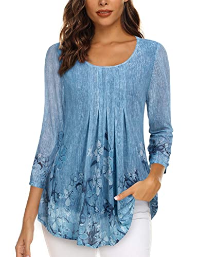 Gaharu Blusenshirt Damen 3/4 Arm Bunte Blusen Damen Floral Tunika Bluse Abendmode Festlich Anlässe Bügelfrei Lange Blusen Damen für Leggings Modisch Oberteile Locker Vokuhila Bluse Blaue Blumen,XXL von Gaharu