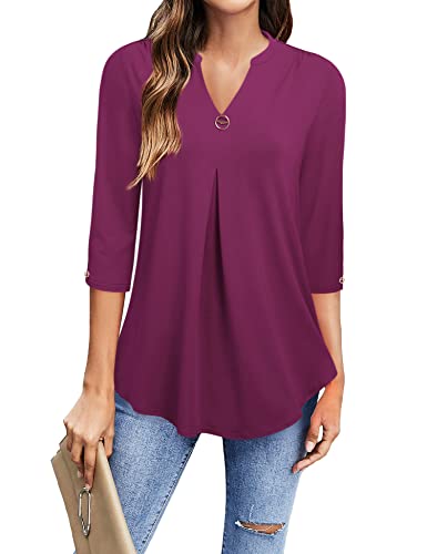 Gaharu Business Festliche Hemd Tunika Hemdbluse Damen 3/4 Ärmel Arbeitsshirt Frauen Sommerbluse Elegant V-Ausschnitt Women T-Shirt Lang Lässige Frühling Baumwolle Modern Slim Fit Mode Phalaenopsis, L von Gaharu