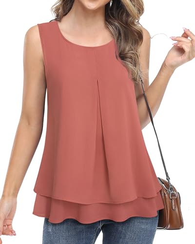 Gaharu Damen Ärmellose Tunika Tank Doppellagige Tops Casual Bluse Flowy Shirts, Karminrot, Groß von Gaharu