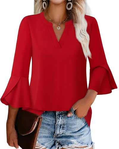 Gaharu Damen Arbeitsblusen Rüschen 3/4 Ärmel Dressy Top V Ausschnitt Casual Chiffon Tunika Blusen Business Hemden, Rot/Ausflug, einfarbig (Getaway Solids), X-Groß von Gaharu