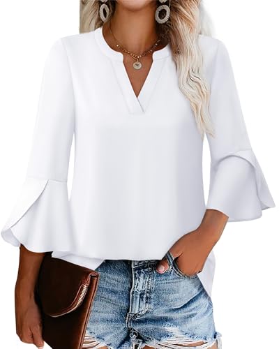 Gaharu Damen Arbeitsblusen Rüschen 3/4 Ärmel Dressy Top V Ausschnitt Casual Chiffon Tunika Blusen Business Hemden, reines Weiß, XX-Large Gaharu Damen Arbeitsblusen Rüschen 3/4 Ärmel Dressy Top V Ausschnitt Casual Chiffon Tunika Blusen Business Hemden, reines Weiß, XX-Large von Gaharu