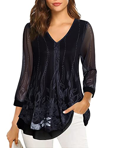 Gaharu Damen Bluse 3/4 Arm Elegant Lang Tunika Schicke Blusen Damen Elegant Langarm Damenblusen mit V-Ausschnitt Damenbekleidung Oberteile Festlich Blusen Damen Elegant Festlich Stylisch von Gaharu