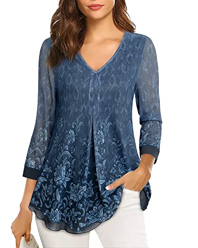 Gaharu Blau Elegant Festlich Tunika 3/4 Arm Shirt Damen V-Ausschnitt Longform Elasthan Glamour Oberteil Wasserfall Wunderschöne Trendy Lange von Gaharu