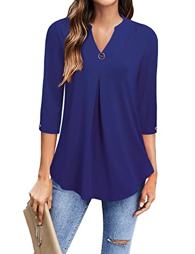 Gaharu Elegante Festliche Tunika Bluse für Damen 3/4 Ärmel Tshirt Frauen V-Ausschnitt Damenhemdblusen Business Berufs Damenoberteil Lang Sommer Women Modern Lässige Polyester Mode 2022 Blau Violett,M von Gaharu