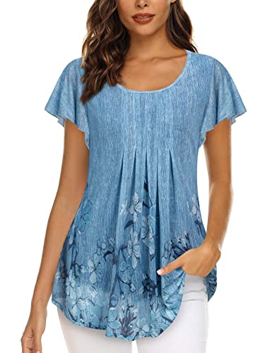 Gaharu Damen Bluse Elegant Festlich Kurzarm Shirt für Damen Sommer Tunika Luftig Leichte Sommerbluse Frauen Locker Lang Oberteil mit Rüschen Rundhals Abendtop Weichfallend Blumenmuster Blau-Blumen,M von Gaharu