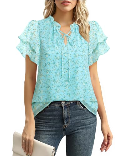 Gaharu Damen Bluse Sommer Elegant:Chiffon Tunika Kurzarm Damen Business Casual Shirt - V-Ausschnitt Flowy Rüschenärmel Festlich Bluse mit Leggings für Hochzeit Zusammenkunft Blumen Blau XL von Gaharu