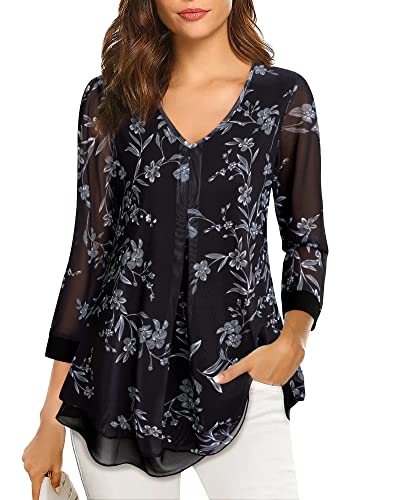 Gaharu Damen Blusen, Damenblusen 3/4 Arm Festlich Blusen Damen Elegant Abend Curvy Mode Damen Oberteile Frühling Party Business Bluse Feminine Doppellagige Blusen Edel Fashion Freizeitbluse Blumen von Gaharu