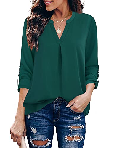 Gaharu Damen Blusen 3/4 Arm Arbeitshemd Chiffon Tunika Oberteil Bürokleidung, Grün , XX-Large von Gaharu