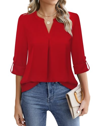Gaharu Damen Blusen 3/4 Arm Arbeitshemd Chiffon Tunika Oberteil Bürokleidung, Rot/Ausflug, einfarbig (Getaway Solids), Groß von Gaharu