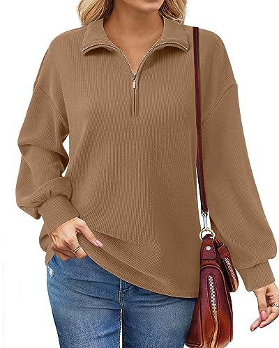 Gaharu Damen Hoodie Oversize Lang Sweatshirt Ohne-Kapuze Pullover Damen Lässig Warm Vintage Strick Basic Hoddies/Pullies Damen Langarm Tunika Winter Kaffee,L von Gaharu