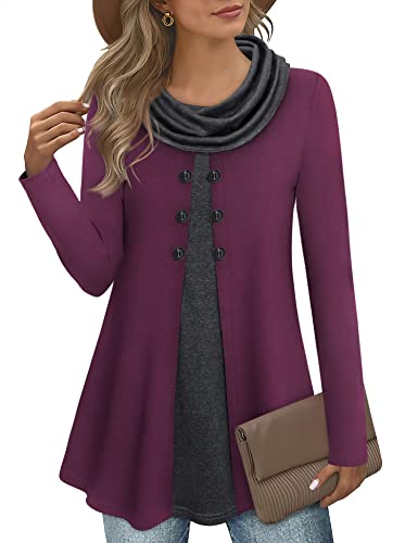 Gaharu Damen Langarmshirt Elegant Winter Baumwolle Shirt Langarm Damen Oberteil Herbst Frühling Damenbekleidung Pullover & Strickjacken für Damen Warm Lang Tunika Sweat Pullover für Damen Magenta von Gaharu