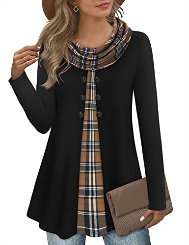 Gaharu Damen Longshirt Langarm Baumwolle Lässig Oversize Pullover für Damen Hoodie Lang Ohne-Kapuze Pullover für Frauen Pulli Elegant Warm Winter Longtunika Damen Lang Schwarz-braun Kariert,XXL von Gaharu